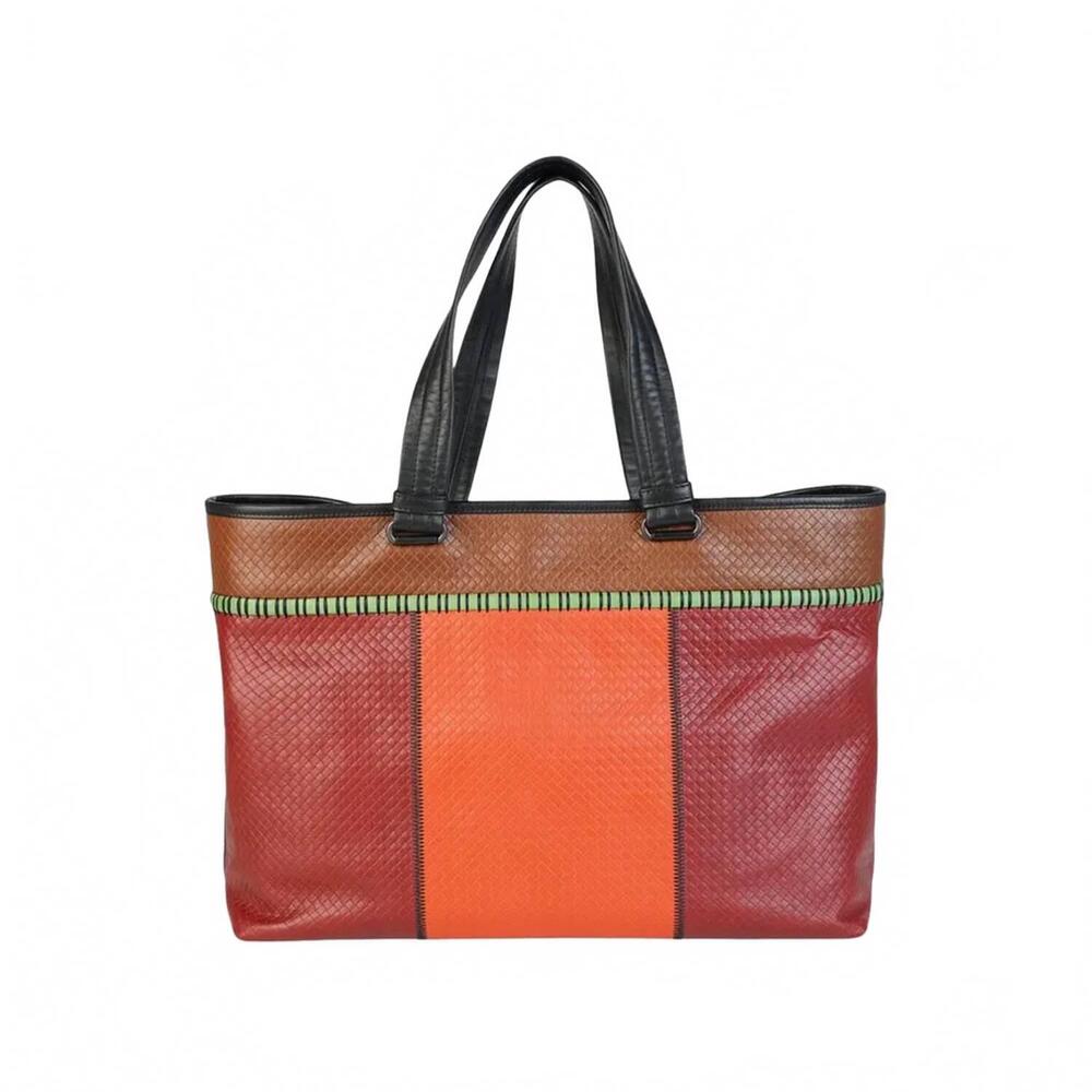 NEW BOTTEGA VENETA men's leather tote bag in red/orange/brown/black